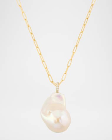 Mizuki 14K Yellow Gold Diamond and Baroque Pearl Link Chain Necklace, 27"L