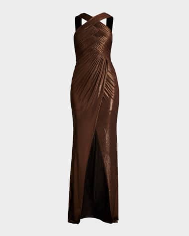 Tadashi Shoji Pleated Metallic Jersey Column Gown