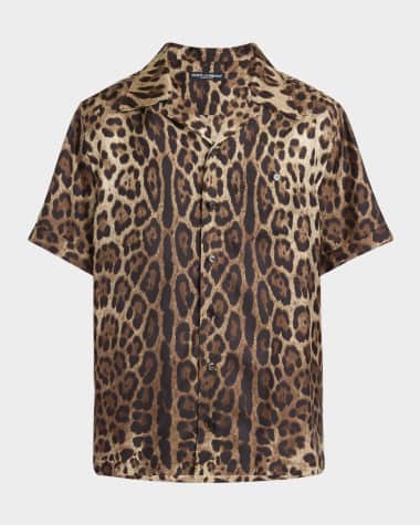 Dolce&Gabbana Men's Silk Leopard-Print Camp Shirt