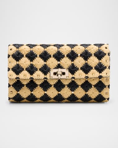 Valentino Garavani Rockstud Embroidered Raffia Shoulder Bag