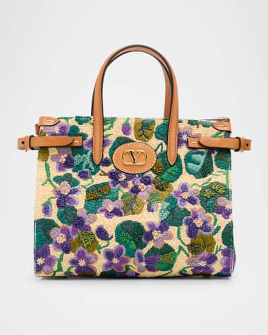 Valentino Garavani Antibes Small Violet Flower Raffia Tote Bag