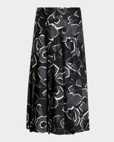 St. John Cubist Floral-Print Pleated Midi Skirt