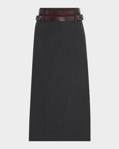 St. John Pinstripe Luxe Midi Suiting Skirt With Double Belt
