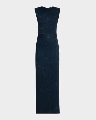 St. John Pleated Sequin Row Knit Sleeveless Gown