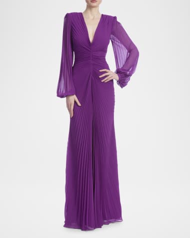 Badgley Mischka Collection Pleated Deep V-Neck Gown