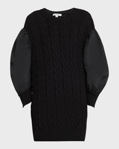 Max Mara Ancella Silk Puff-Sleeve Cable Knit Tunic Sweater