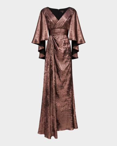 Theia Nadine Metallic Cape-Sleeve Gown