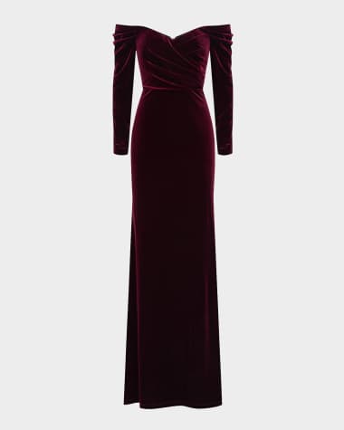 Theia Anita Pleated Off-Shoulder Velvet Gown