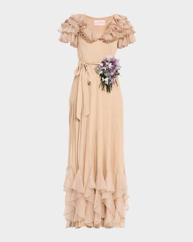 Valentino Garavani Ruffle V-Neck Belted Silk Gown