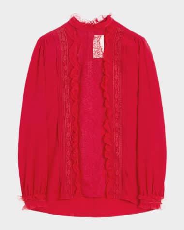 Valentino Garavani High-Neck Ruffle Lace-Bib Silk Blouse