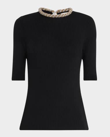 Lafayette 148 New York Embellished Elbow-Sleeve Rib Knit Sweater