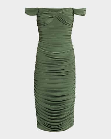 Norma Kamali Walter Shirred Midi Dress with Winglet Sleeves