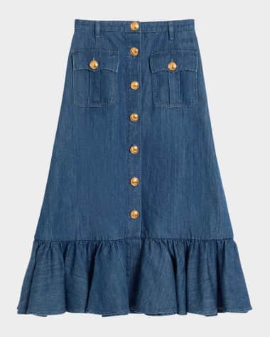 Valentino Garavani Button-Front Ruffle Denim Midi Skirt