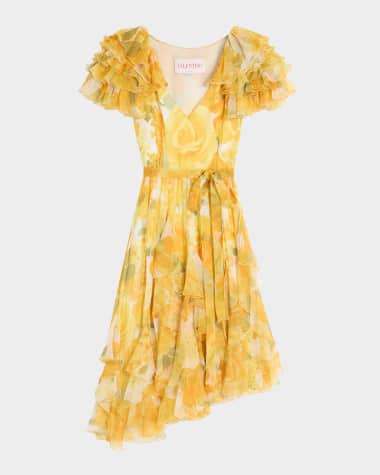 Valentino Garavani Gaille Rose Papier Floral Chiffon Asymmetric Dress