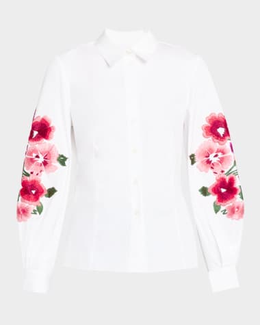 Carolina Herrera Floral-Embroidered Puff-Sleeve Button-Down Shirt