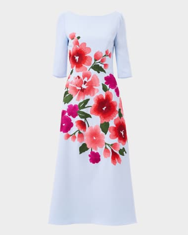 Carolina Herrera Floral Embroidered 3/4-Sleeve Midi Dress