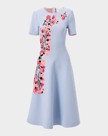 Carolina Herrera Floral Jacquard Short-Sleeve Flare Dress
