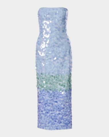 Carolina Herrera Strapless Stripe Sequined Midi Dress