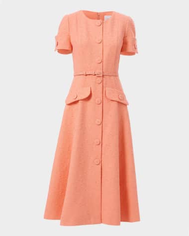 Carolina Herrera Short-Sleeve Button-Front Boucle Midi Dress With Belt