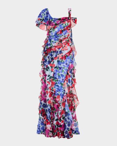 Carolina Herrera One-Shoulder Multi-Floral Ruffle Gown