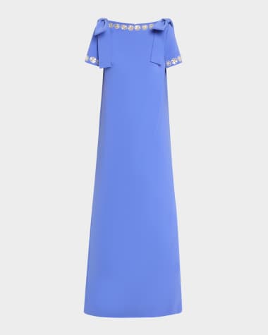 Carolina Herrera Crystal-Trim Boatneck Column Gown With Shoulder Bows