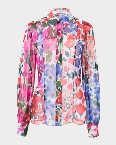 Carolina Herrera Multi-Floral Print Chiffon Classic Blouse