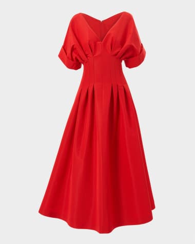 Carolina Herrera Pleated V-Neck Midi Fit-Flare Dress