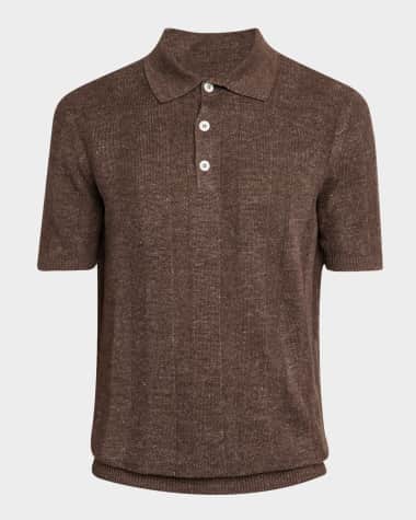 Brunello Cucinelli Men's Wide Rib Linen and Cotton Polo Sweater