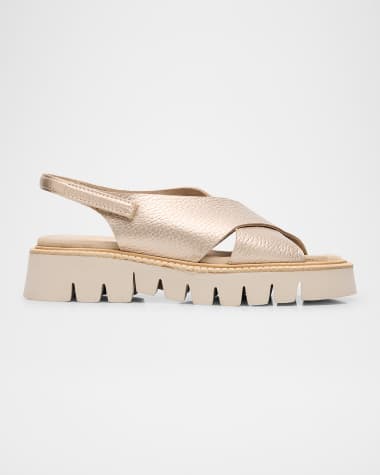 Pedro Garcia Metallic Leather Crisscross Flatform Sandals