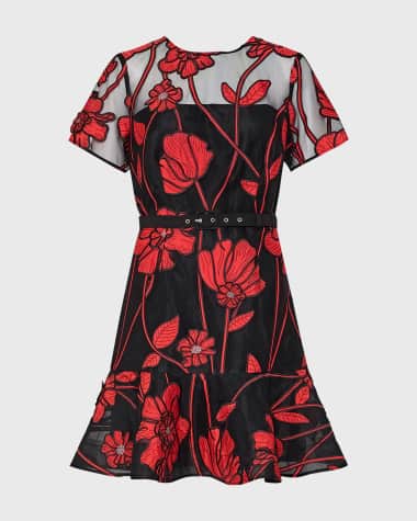 Milly Rosie Belted Floral-Embroidered Mini Dress