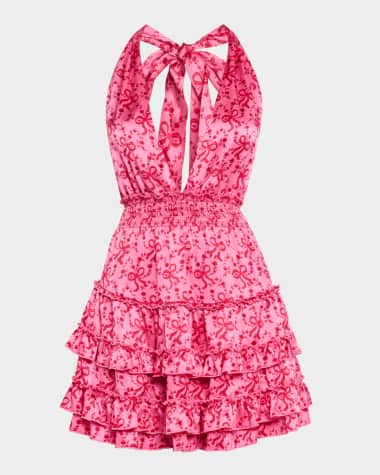 LoveShackFancy Quintelle Silk Bow-Printed Halter Mini Dress