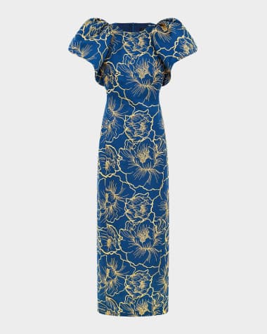 LEO LIN Lucinda Puff-Sleeve Floral Jacquard Column Gown