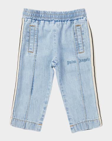 Palm Angels Boy's Striped-Trim Logo-Print Chambray Pants, Size 3M-3