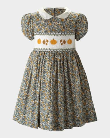 Rachel Riley Girl's Pumpkin Smocked Floral-Print Dress, Size 2-10