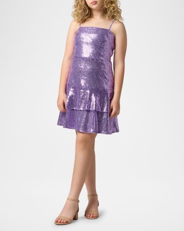 Un Deux Trois Girl's Tiered Sequin Dress W/ Bow, Size 7-16
