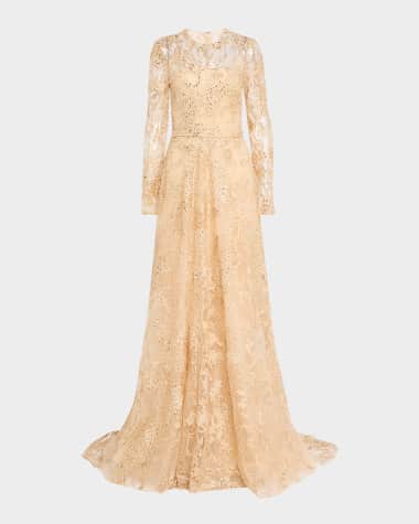 Pamella Roland Sequin Embroidered Tulle Long-Sleeve Illusion Gown