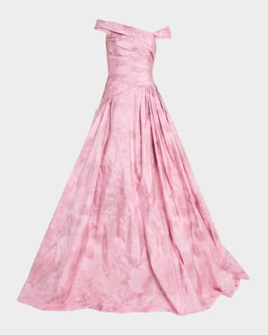 Pamella Roland Off-The-Shoulder Floral Taffeta Asymmetrical Gown