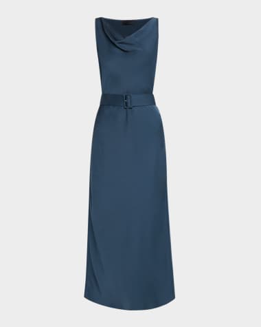 LAPOINTE Cowl-Neck Belted Satin Midi Dress