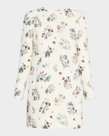 Adam Lippes Floral-Print Long-Sleeve Silk Wool Mini Dress