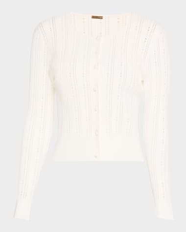 Adam Lippes Pointelle Compact Jacquard Crewneck Crop Cardigan