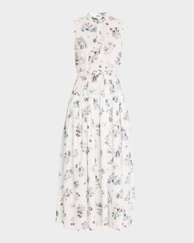 Adam Lippes Floral-Print Poplin Sleeveless Midi Shirtdress With Belt