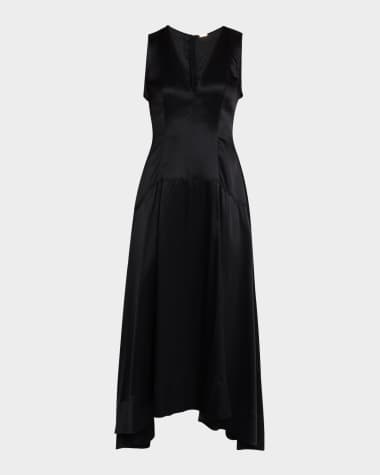 Adam Lippes V-Neck Drop-Waist Silk Charmeuse Midi Dress
