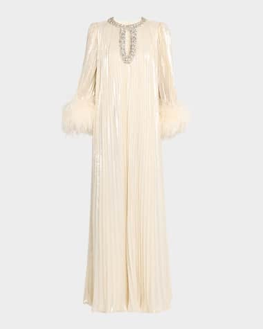 Self-Portrait Pleated Metallic Feather-Cuff Maxi Dress