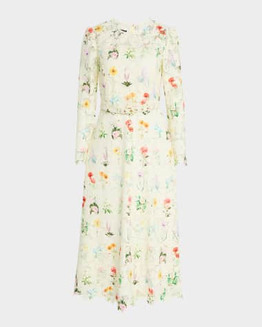 Monique Lhuillier Printed Lace Long-Sleeve Belted Midi Dress