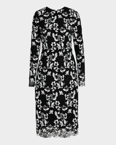 Monique Lhuillier Long-Sleeve Lace Sheath Midi Dress
