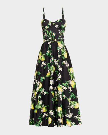 Monique Lhuillier Lemon-Print Sleeveless Belted Corset Midi Dress