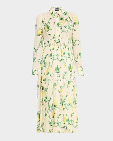 Monique Lhuillier Lemon-Print Long-Sleeve Pleated Midi Shirtdress With Belt