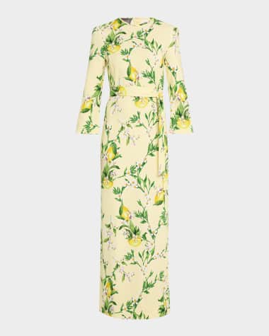 Monique Lhuillier Lemon-Print Bracelet-Sleeve Sheath Maxi Dress