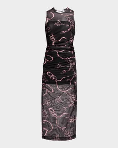 Moschino Jeans Ruched Floral Tulle Midi Dress