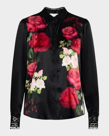 Johnny Was Avori Lace-Trim Floral Blouse
